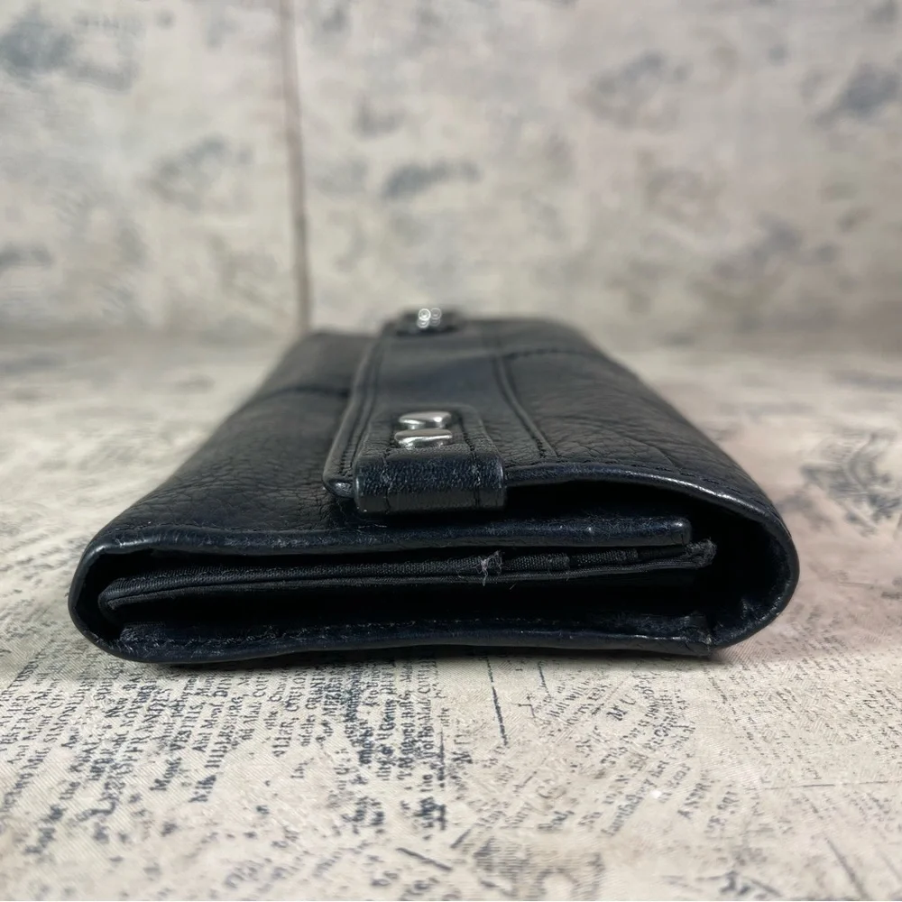 Fossil Black Leather Trifold Wallet Organizer Snap Closure Multi Compartment